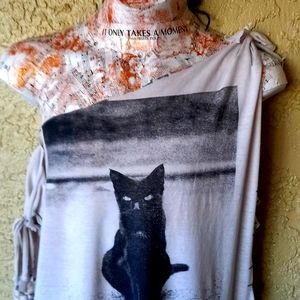 Black Cat Tied & Cut up Tshirt, Off the Shoulder, Witch Style, BDSM Style